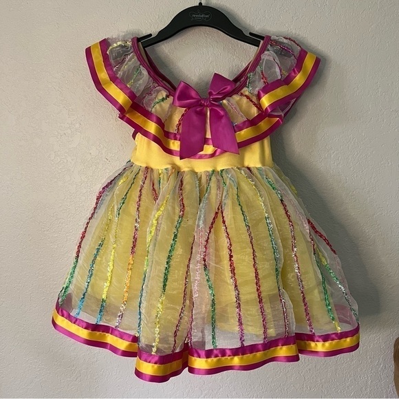 Revolution dance wear yellow & pink outfit costume, MC, 2 hair bows, lace trim. - Picture 6 of 16